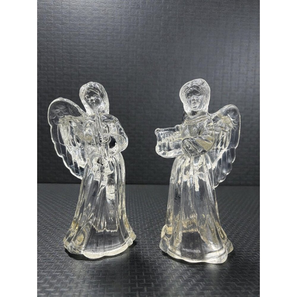 Set Of 2 Clear Glass Musical Angel Candlestick Holder Figurines With Wings & Tex
